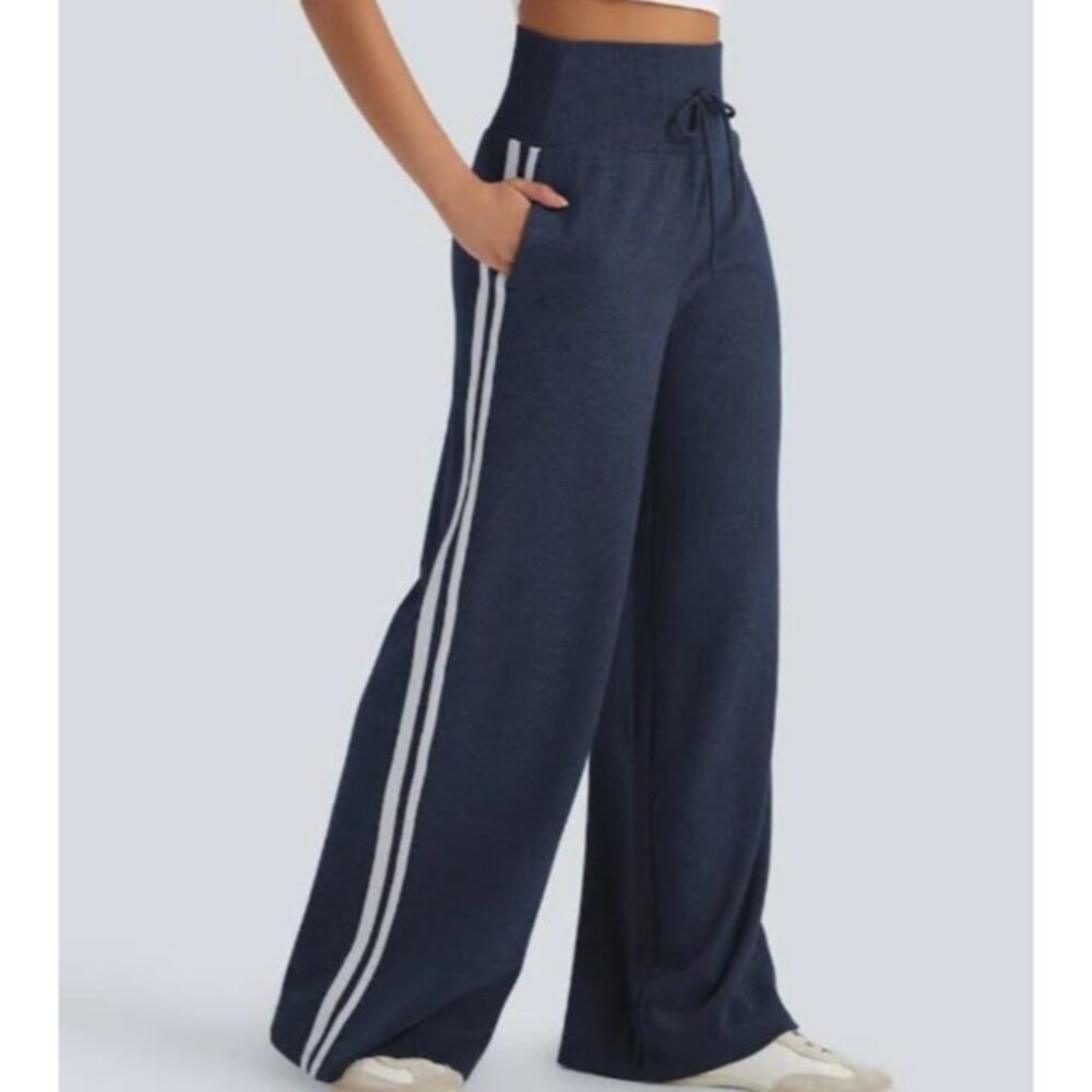 Halara Ribbed High Waist Side Striped Wide Leg Side Pocket Pants Navy Size XS